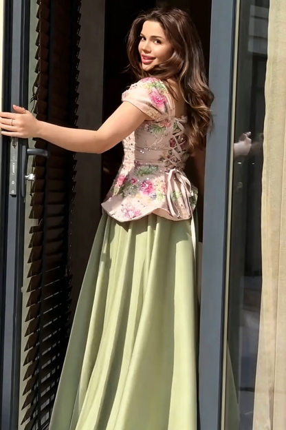 Embroidered Floral Peplum A-Line Evening Dress