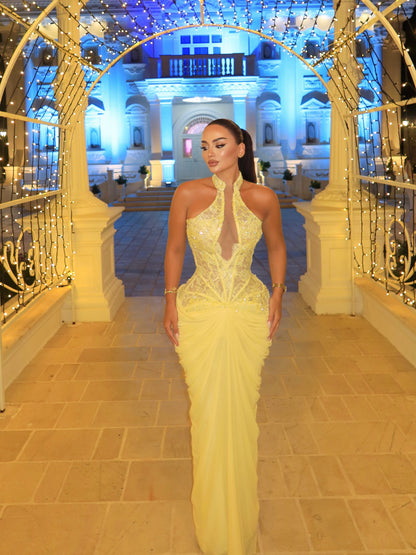 Halter Neck Corset Gown with Draped Skirt