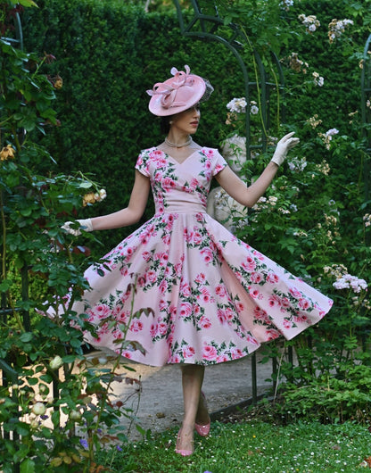 Floral Print V-Neck Cap Sleeve A-Line Swing Dress