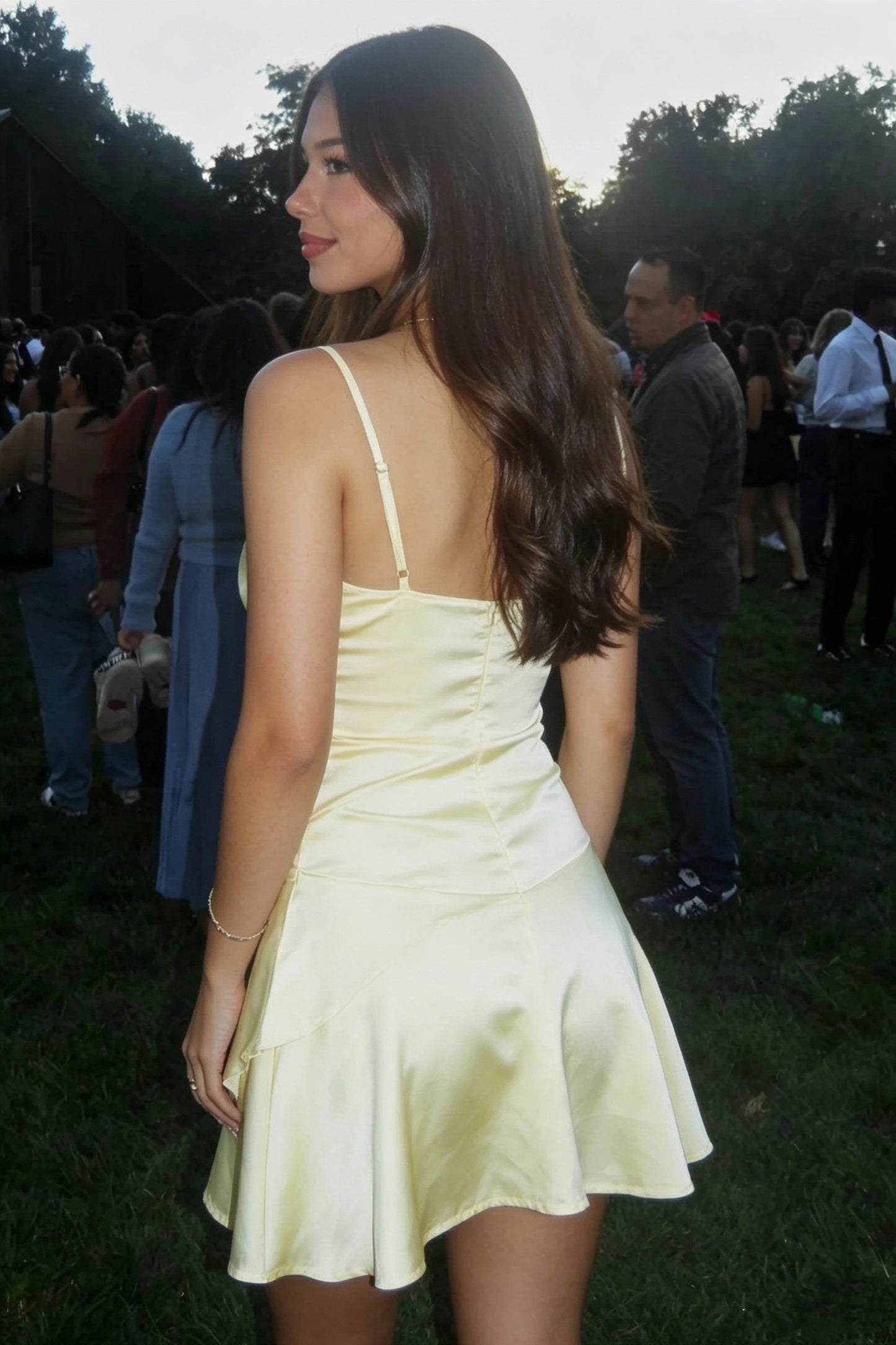 Tiered Satin Mini Dress with Spaghetti Straps