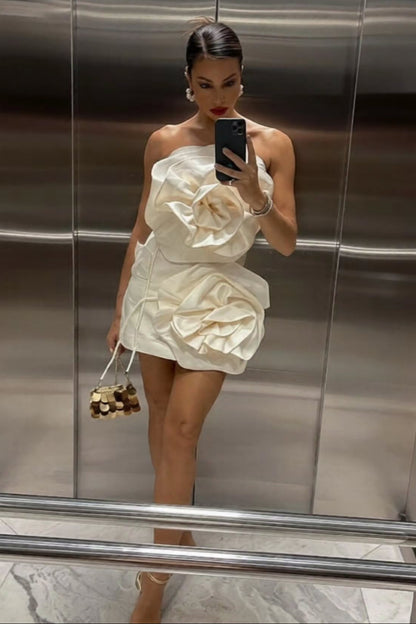 Strapless Satin 3D Floral Mini Dress