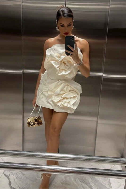 Strapless Satin 3D Floral Mini Dress