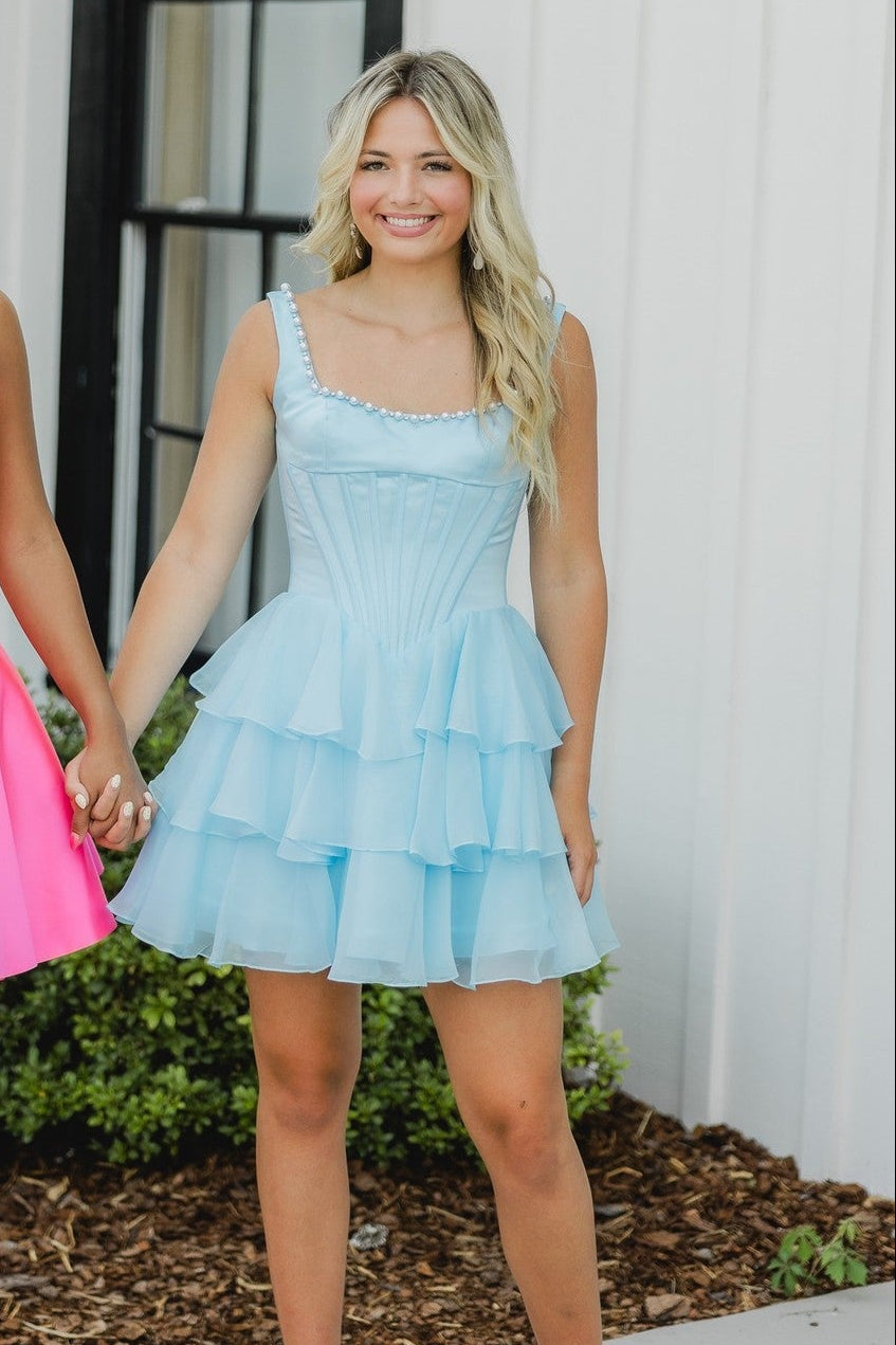 Strapless Pearl Trim Corset Satin Mini Dress