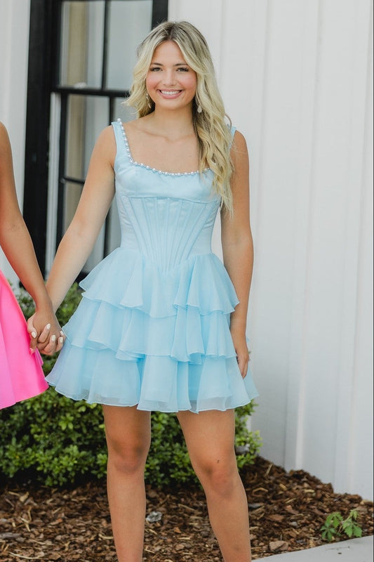 Strapless Pearl Trim Corset Satin Mini Dress