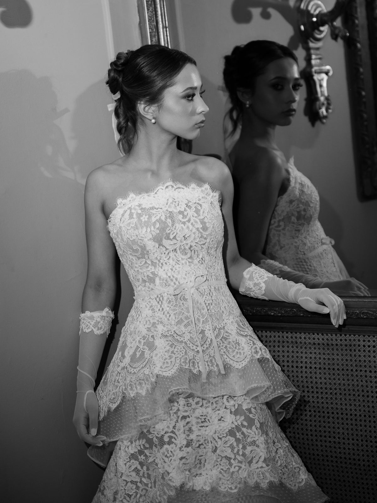 Strapless Tiered Lace Floor-Length Wedding Dress