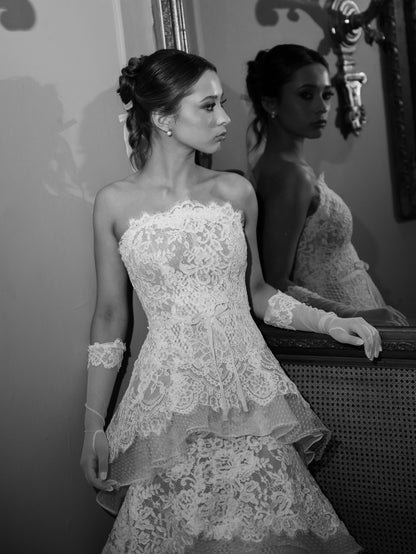 Strapless Tiered Lace Floor-Length Wedding Dress