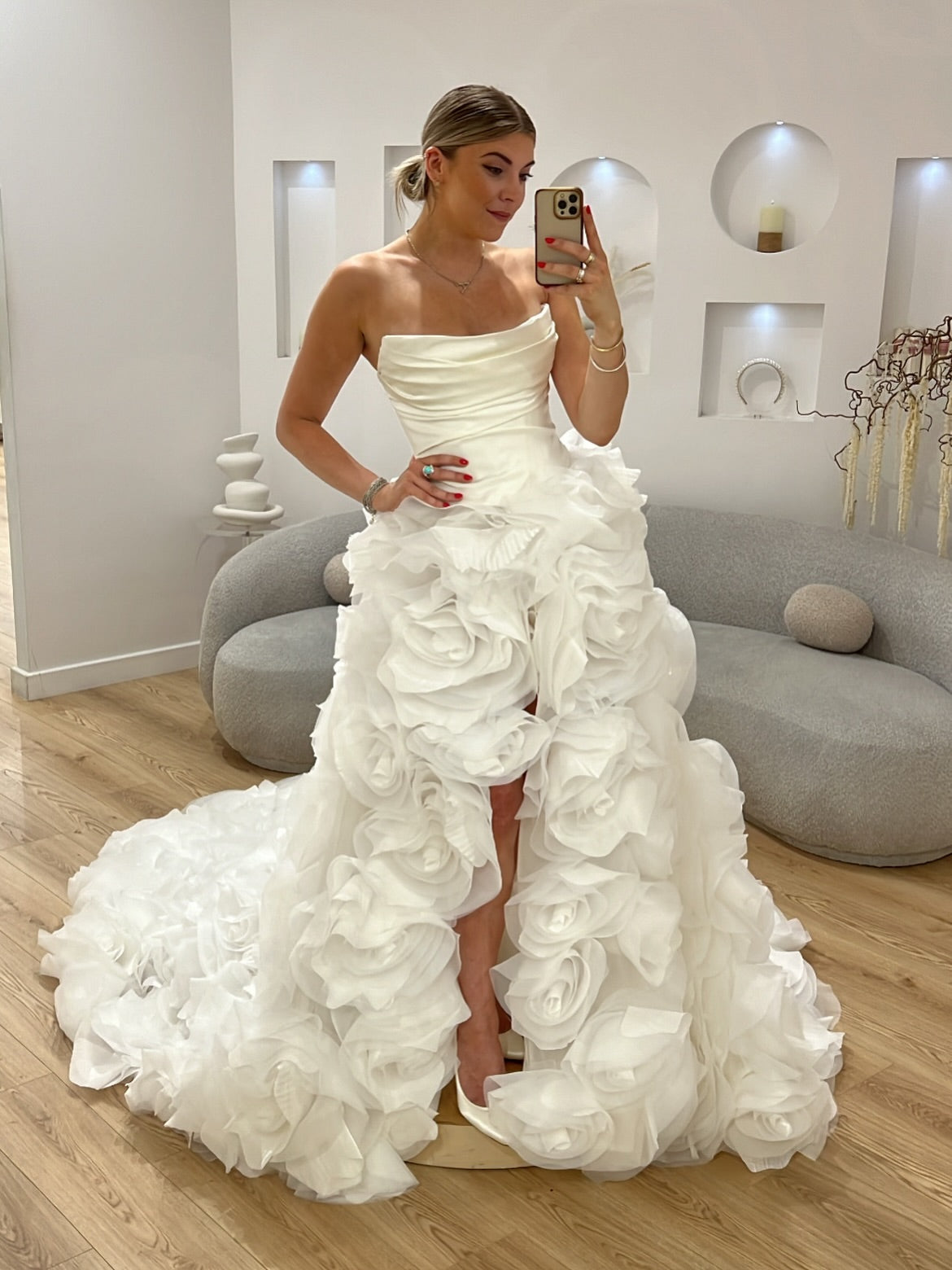Strapless Ruched High-Low Floral Wedding Dress