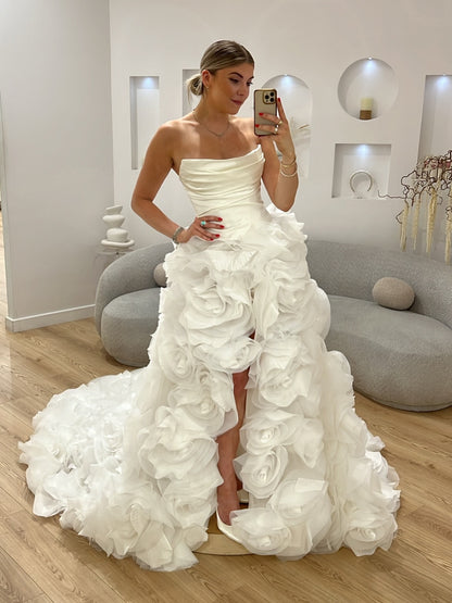 Strapless Ruched High-Low Floral Wedding Dress
