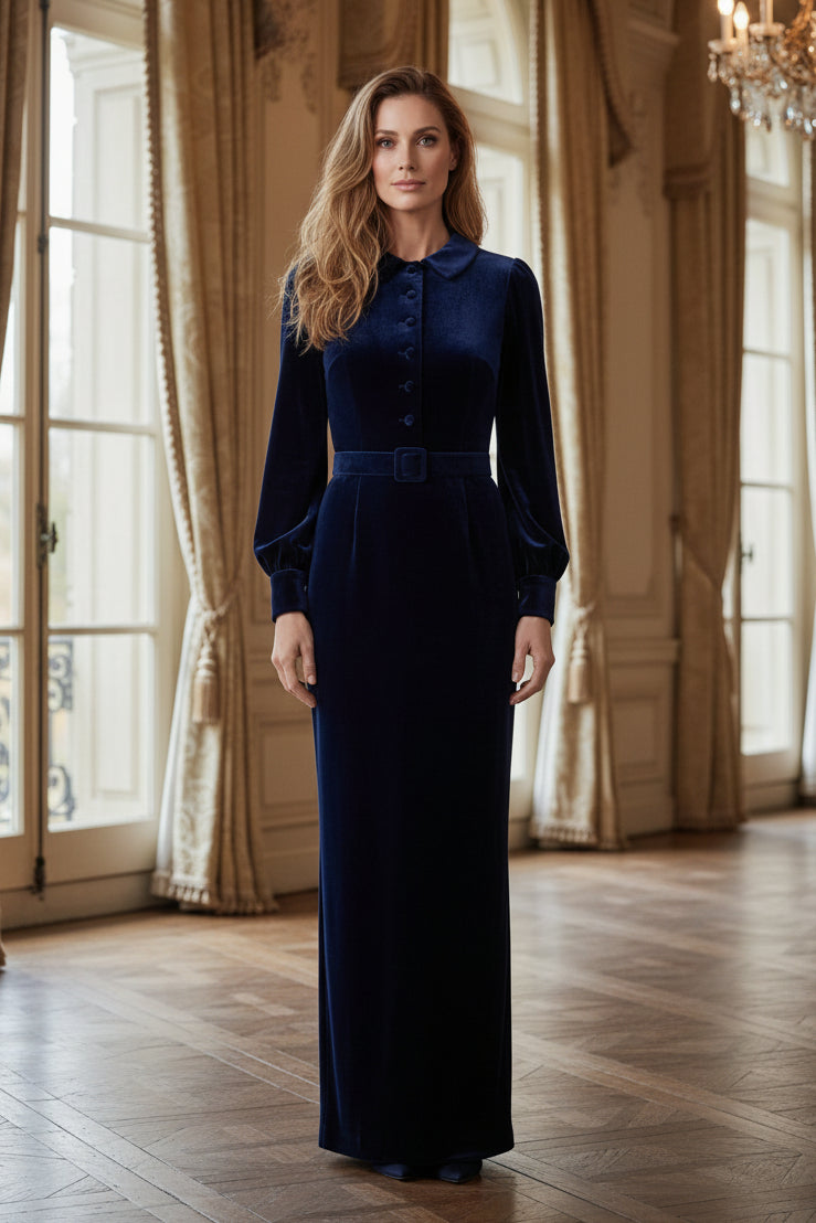 Collared Velvet Maxi Dress with Belt