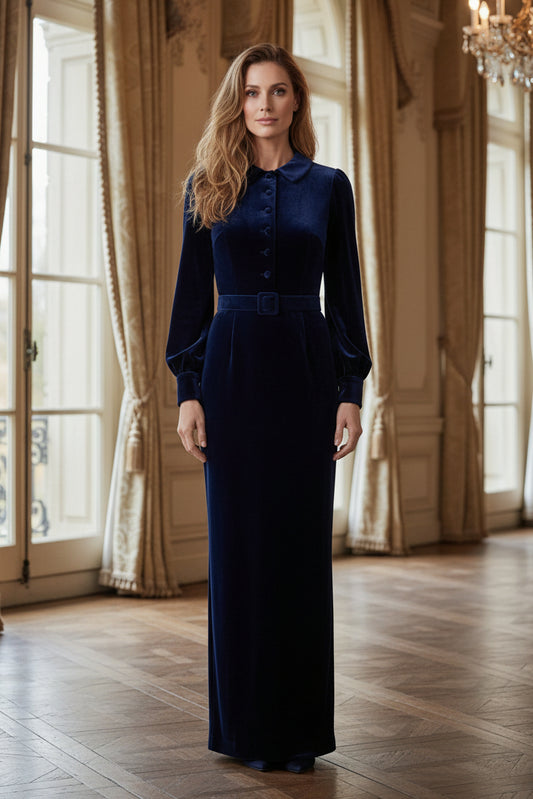 Collared Velvet Maxi Dress with Belt
