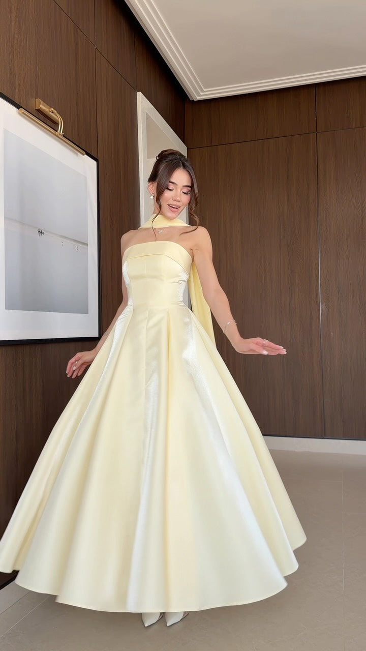 Strapless Satin Ball Gown with Matching Scarf