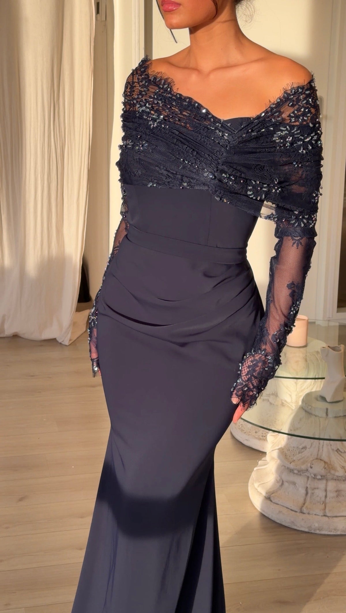 Beaded Lace Off-the-Shoulder Evening Gown