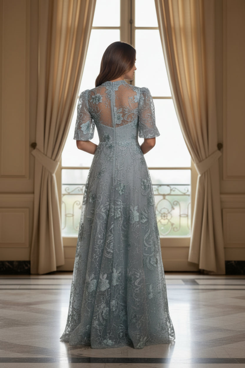 Embroidered Floral A-Line Gown with Flutter Sleeves
