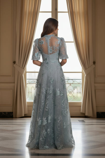 Embroidered Floral A-Line Gown with Flutter Sleeves