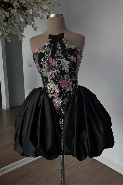 Halter Floral Embroidered Bubble Skirt Mini Dress