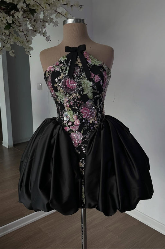 Halter Floral Embroidered Bubble Skirt Mini Dress