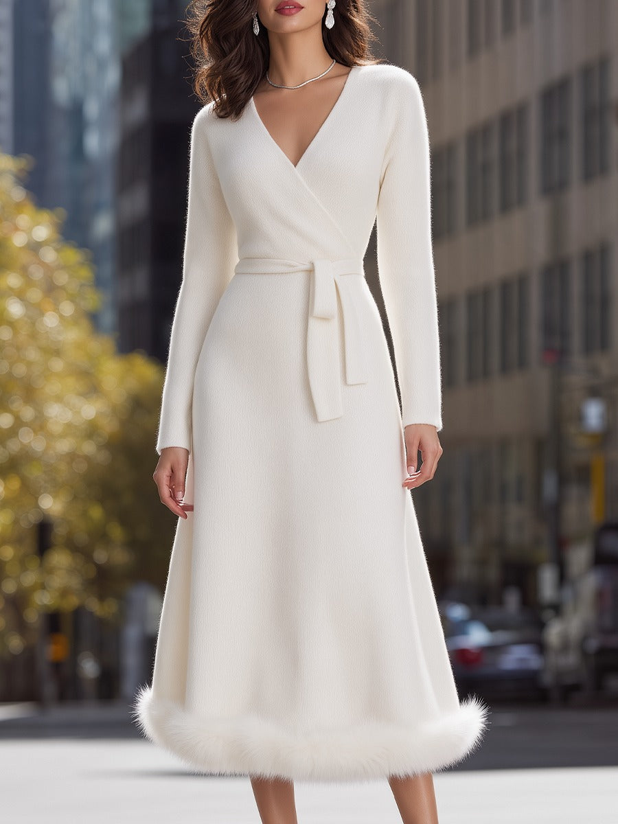 Long Sleeve Knit Wrap Midi Dress with Plush Trim