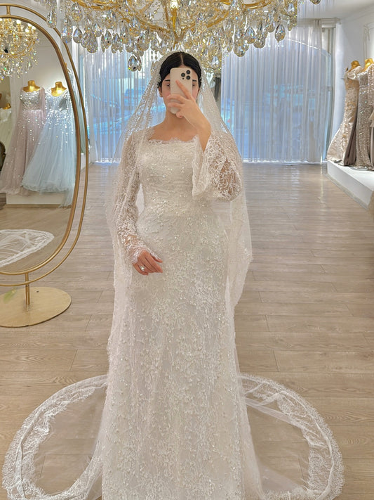 Square Neck Bell Sleeve Lace Trumpet Wedding Dress