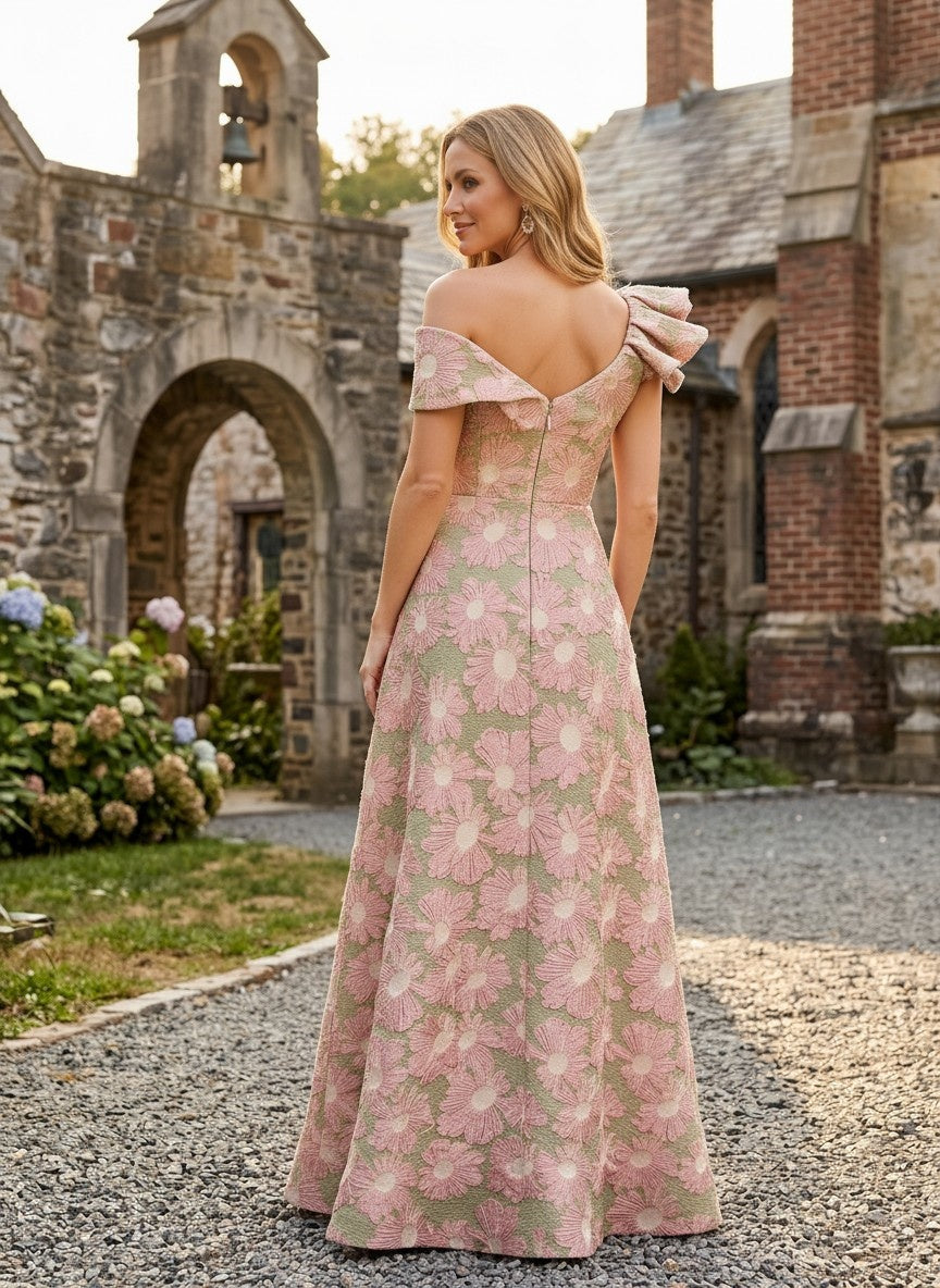 Asymmetrical Ruffled Off-the-Shoulder Floral Gown