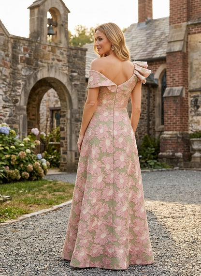 Asymmetrical Ruffled Off-the-Shoulder Floral Gown