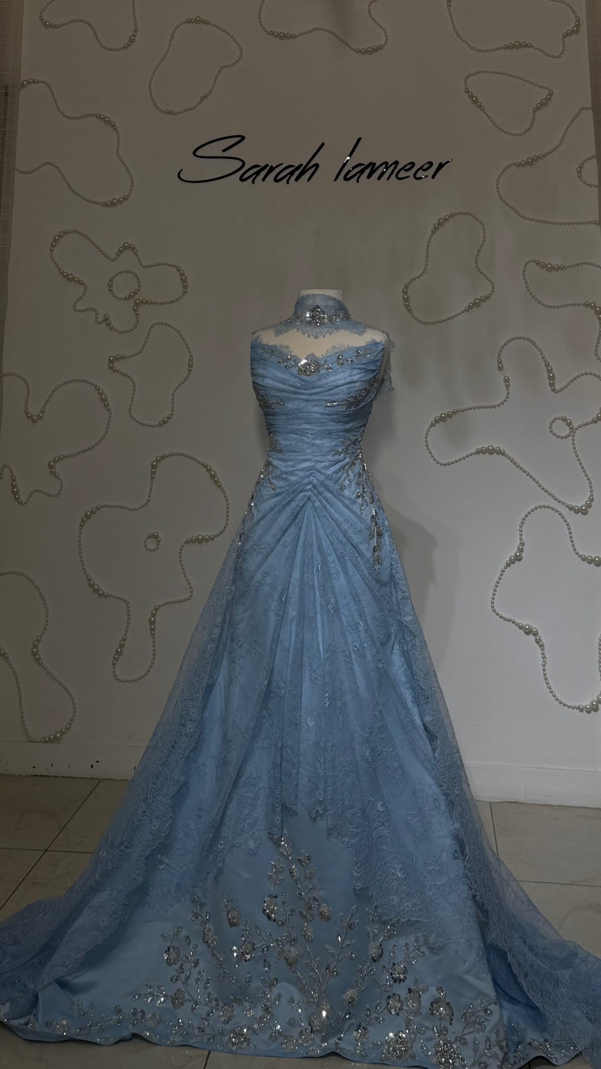Ruched Lace Gown with Crystal Collar Detail