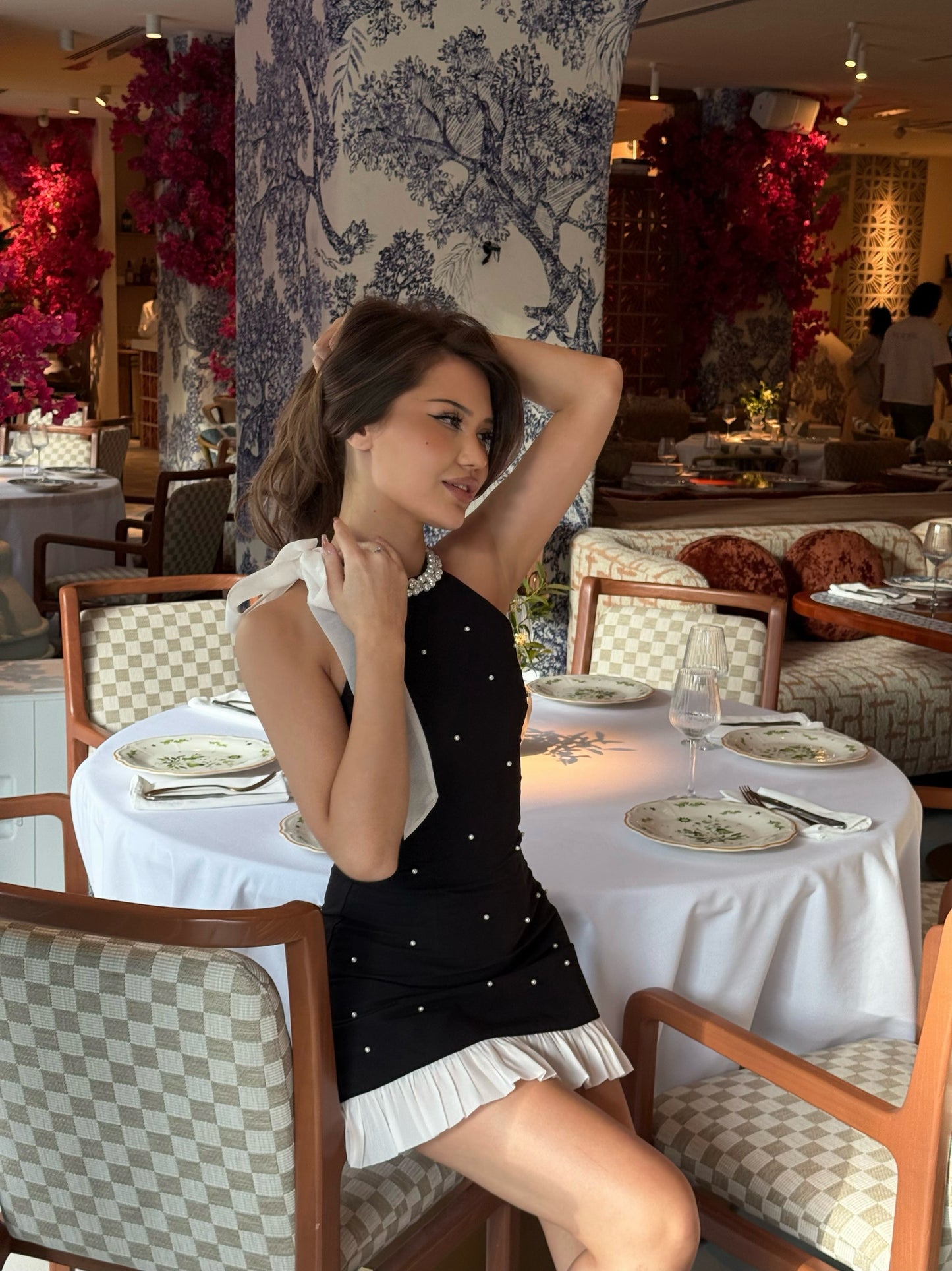 Halter Mini Dress with Bow and Pearl Embellishments