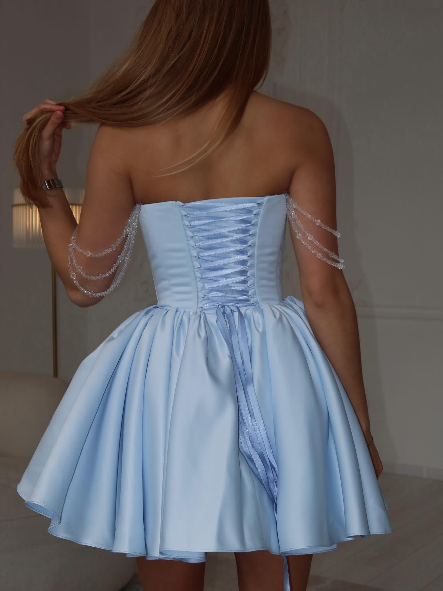 Off-Shoulder Fit and Flare Mini Dress with Beaded Straps