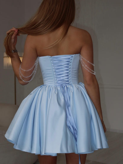Off-Shoulder Fit and Flare Mini Dress with Beaded Straps