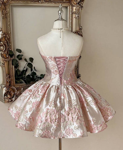 Strapless Floral Jacquard Corset Bubble Dress