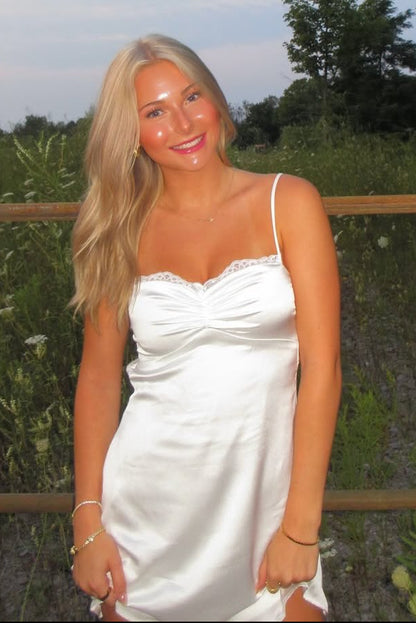 Lace-Trim Satin Slip Mini Dress with Open Back