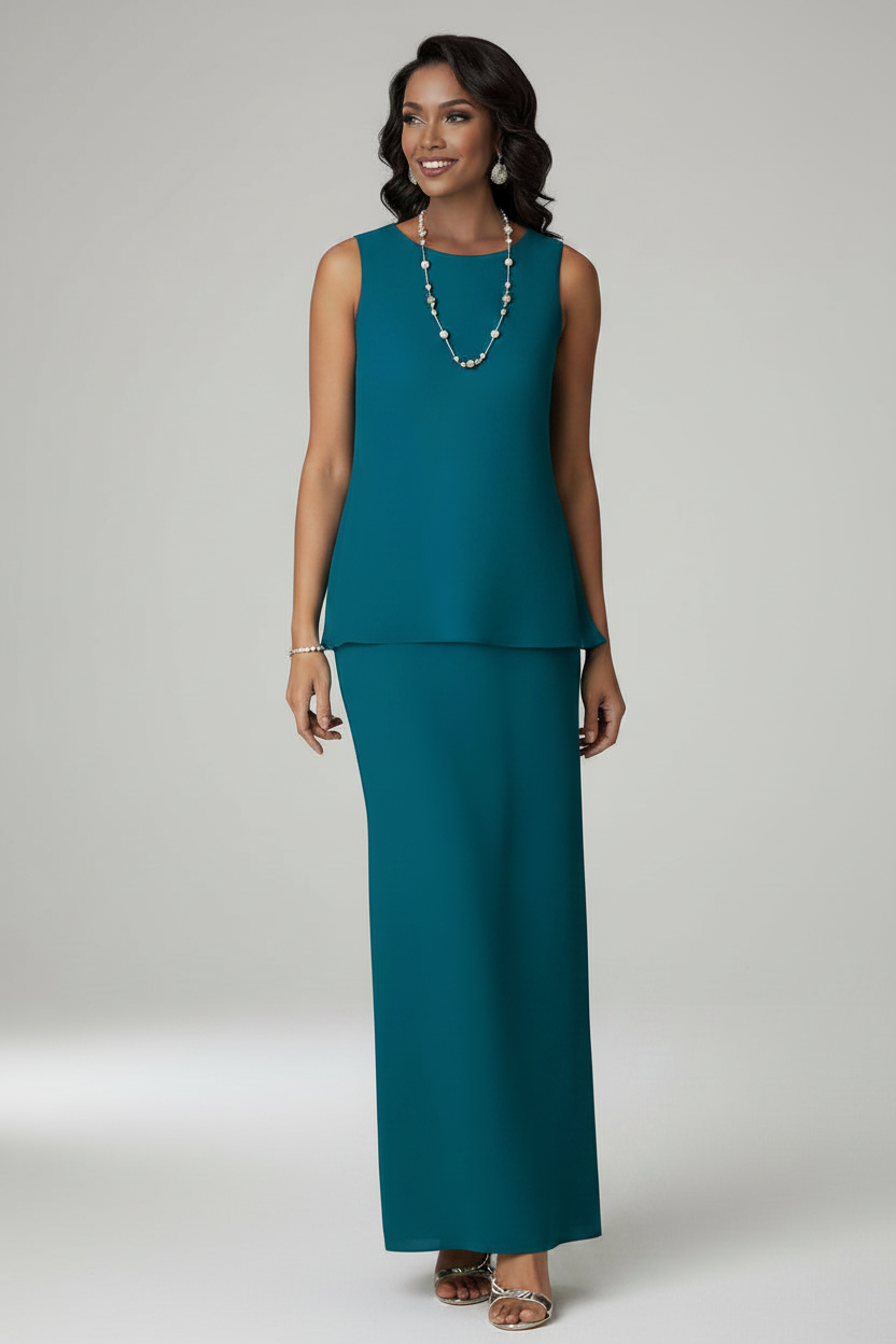 Teal Chiffon Two-Piece Mother of the Bride Dress with Jacket | Floor-Length Sheath Gown