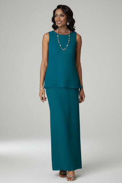 Teal Chiffon Two-Piece Mother of the Bride Dress with Jacket | Floor-Length Sheath Gown