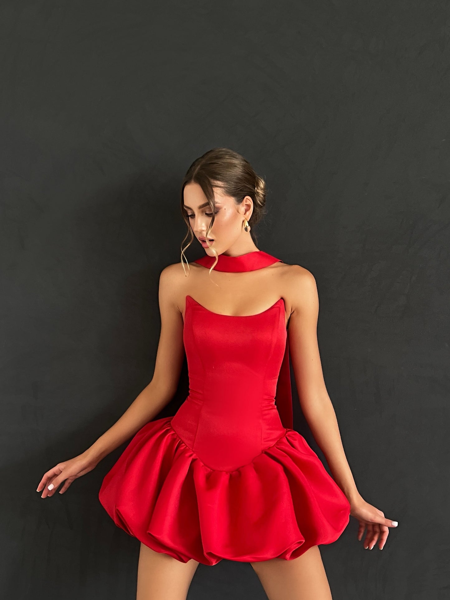 Satin Corset Bubble Mini Dress with Neck Tie