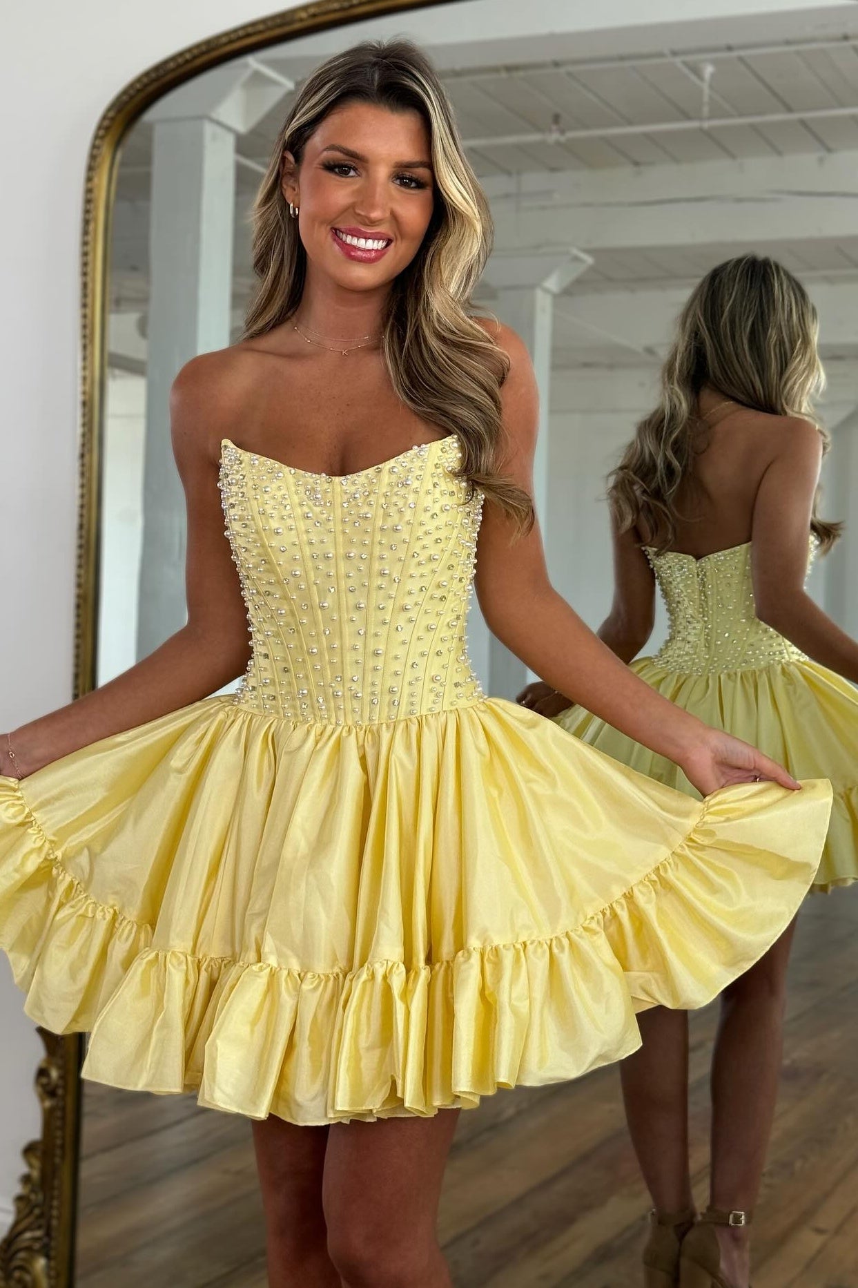 Pearl Beaded Corset Ruffle Mini Dress