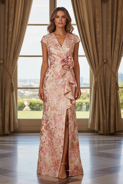 Floral Jacquard Gown with Wrap V-Neck and 3D Rose Detail