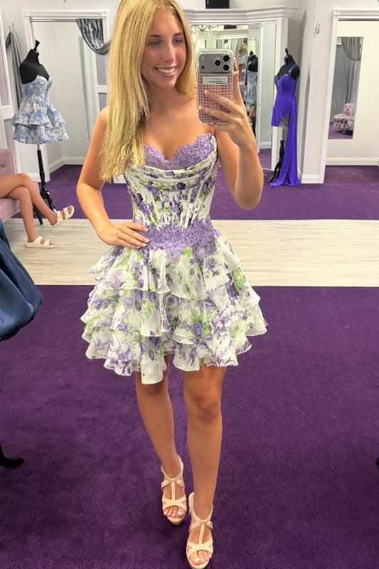 Floral Tiered Corset Mini Dress with Lace Trim