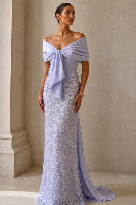 Beaded Off-the-Shoulder Corset Column Gown