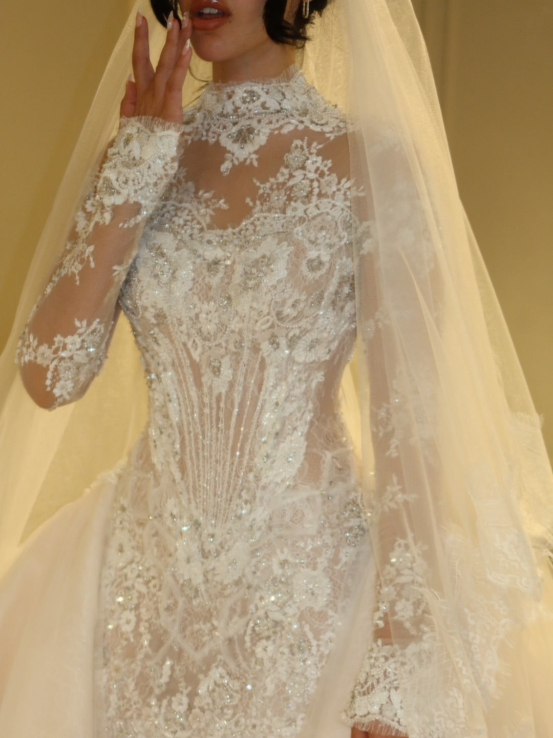 Beaded Lace High Neck Wedding Dress with Overskirt