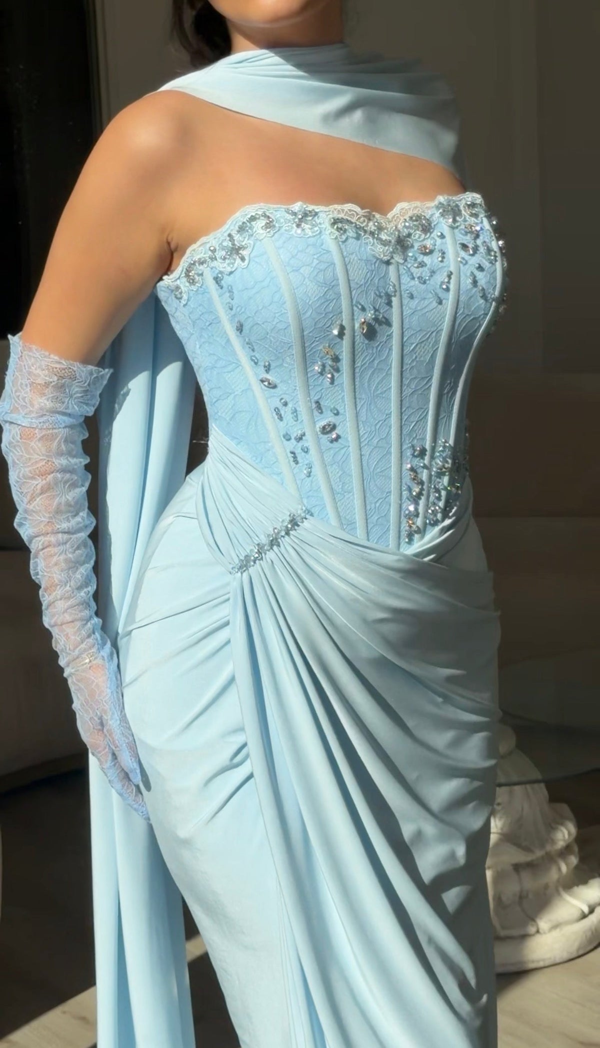 Corset Gown with Scarf Neckline and Gloves