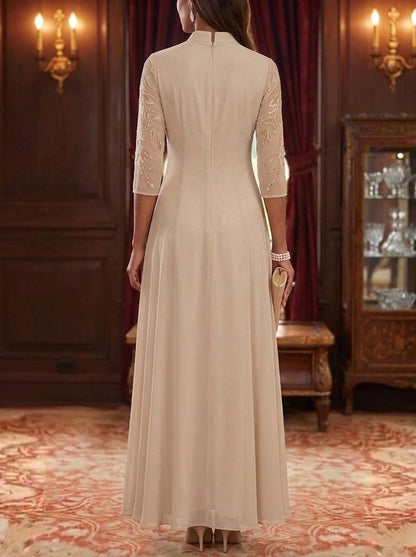 Embroidered Mandarin Collar A-Line Maxi Dress