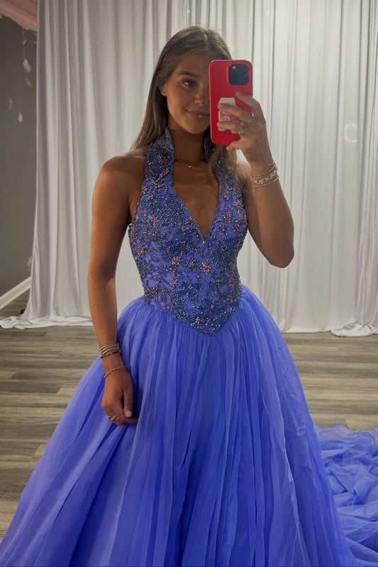 Halter Neck Beaded Tulle Ball Gown with Train