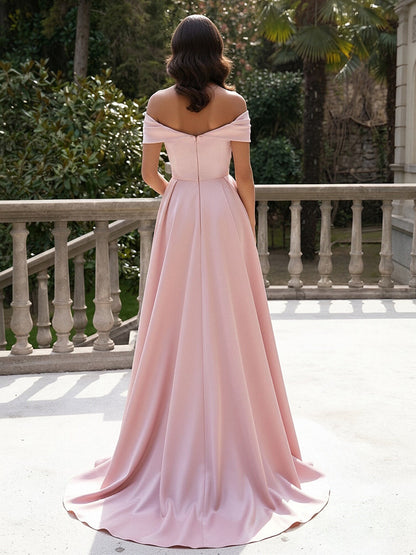 Off-the-Shoulder Satin Gown with Floral Overskirt