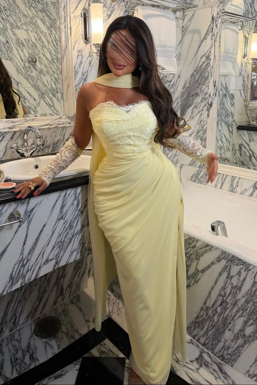 Strapless Ruched Evening Gown with Matching Scarf