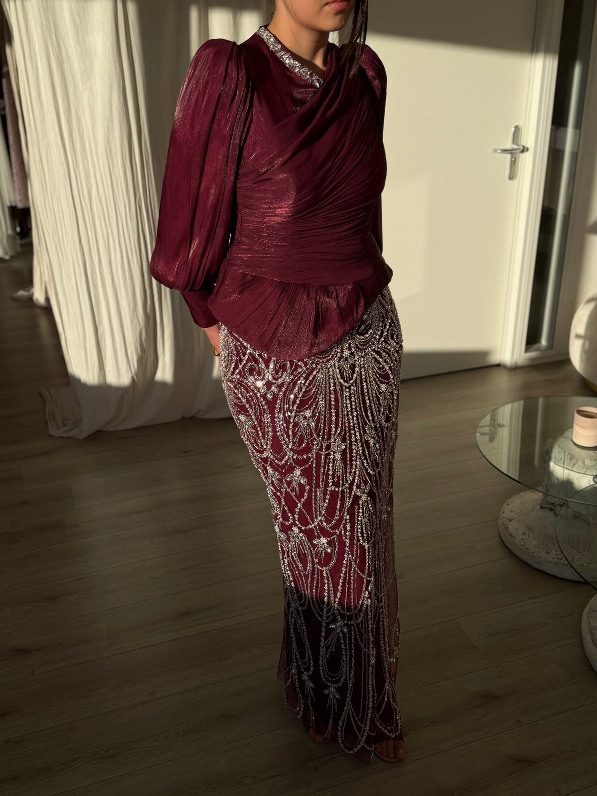 Ruched Long-Sleeve Maxi Dress with Beaded Column Skirt