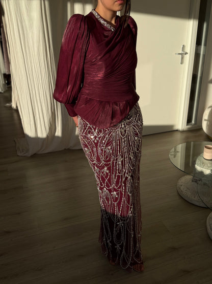 Ruched Long-Sleeve Maxi Dress with Beaded Column Skirt