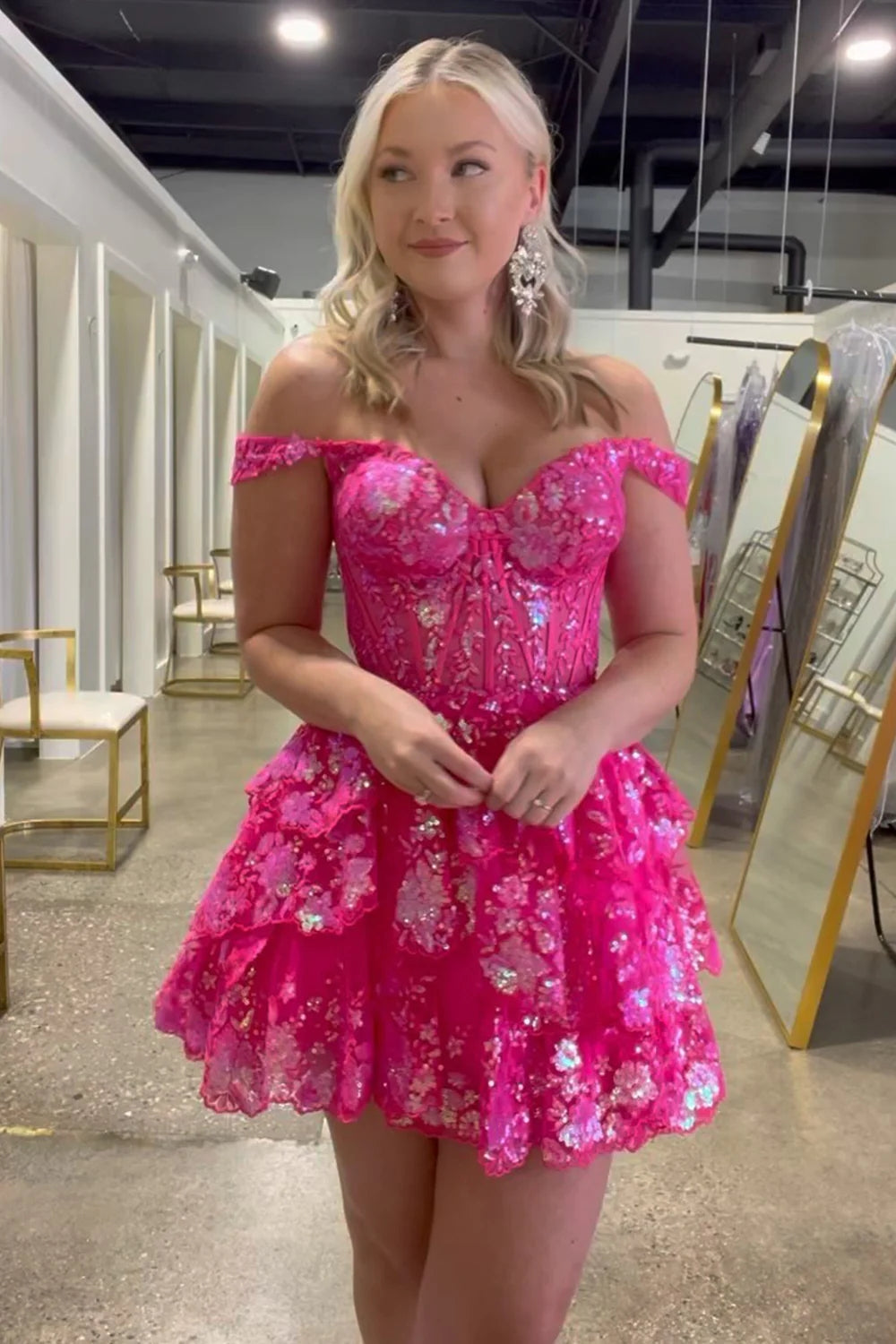 Off-the-Shoulder Tiered Sequin Corset Mini Dress