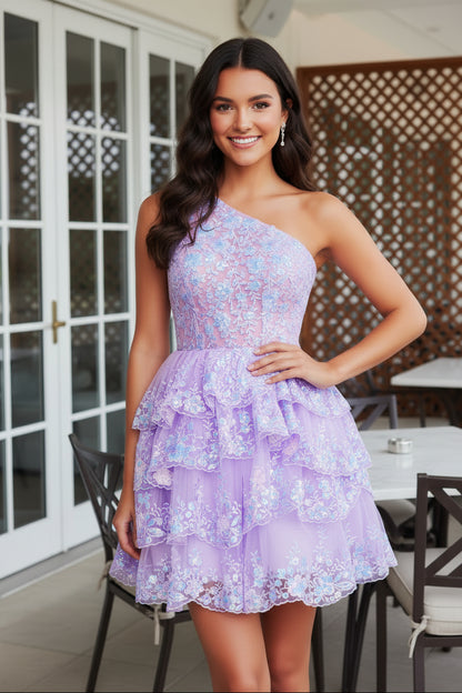 One Shoulder Tiered Ruffle Sequin Mini Dress