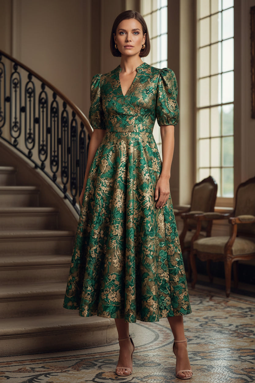 Floral Jacquard Midi Dress with Puff Sleeves