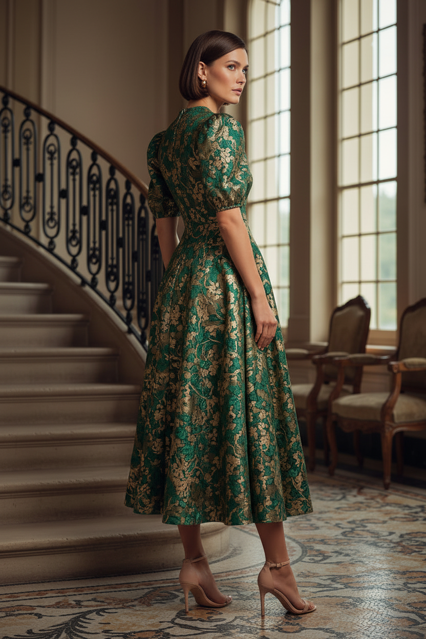 Floral Jacquard Midi Dress with Puff Sleeves