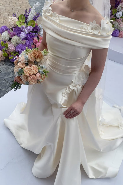 Off-the-Shoulder 3D Floral Ruched Satin Wedding Dress